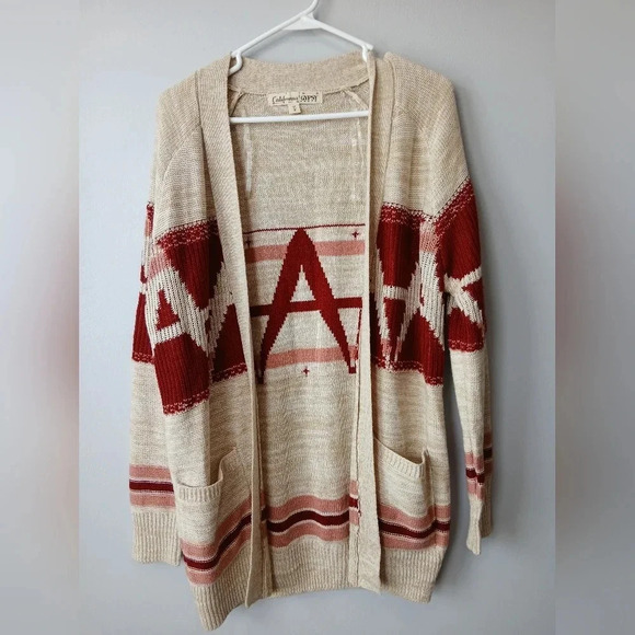 California Gypsy Sweaters - California Gypsy women's Medium long cream red cardigan Aztec southwestern boho